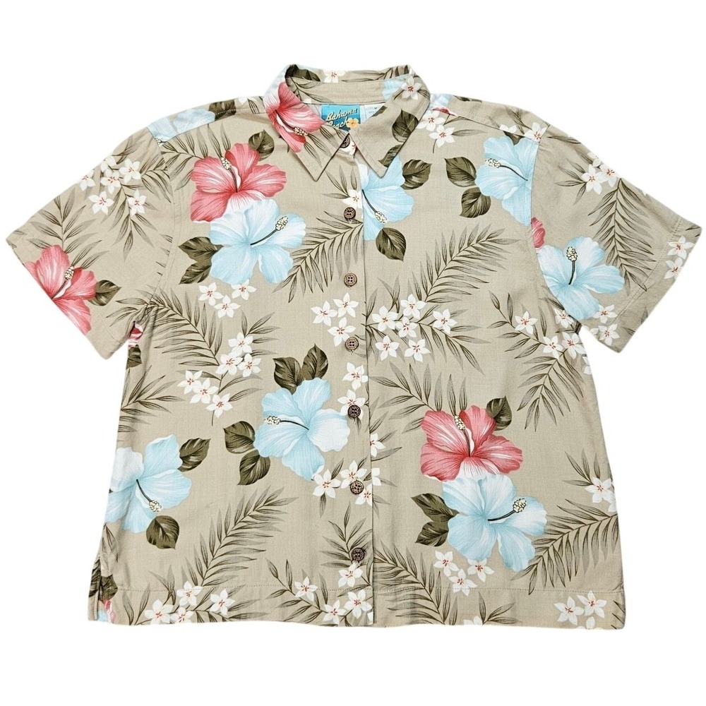 Bahama‎ Beach Womens Medium Tan Rayon Hibiscus Floral Hawaiian Button Up Shirt